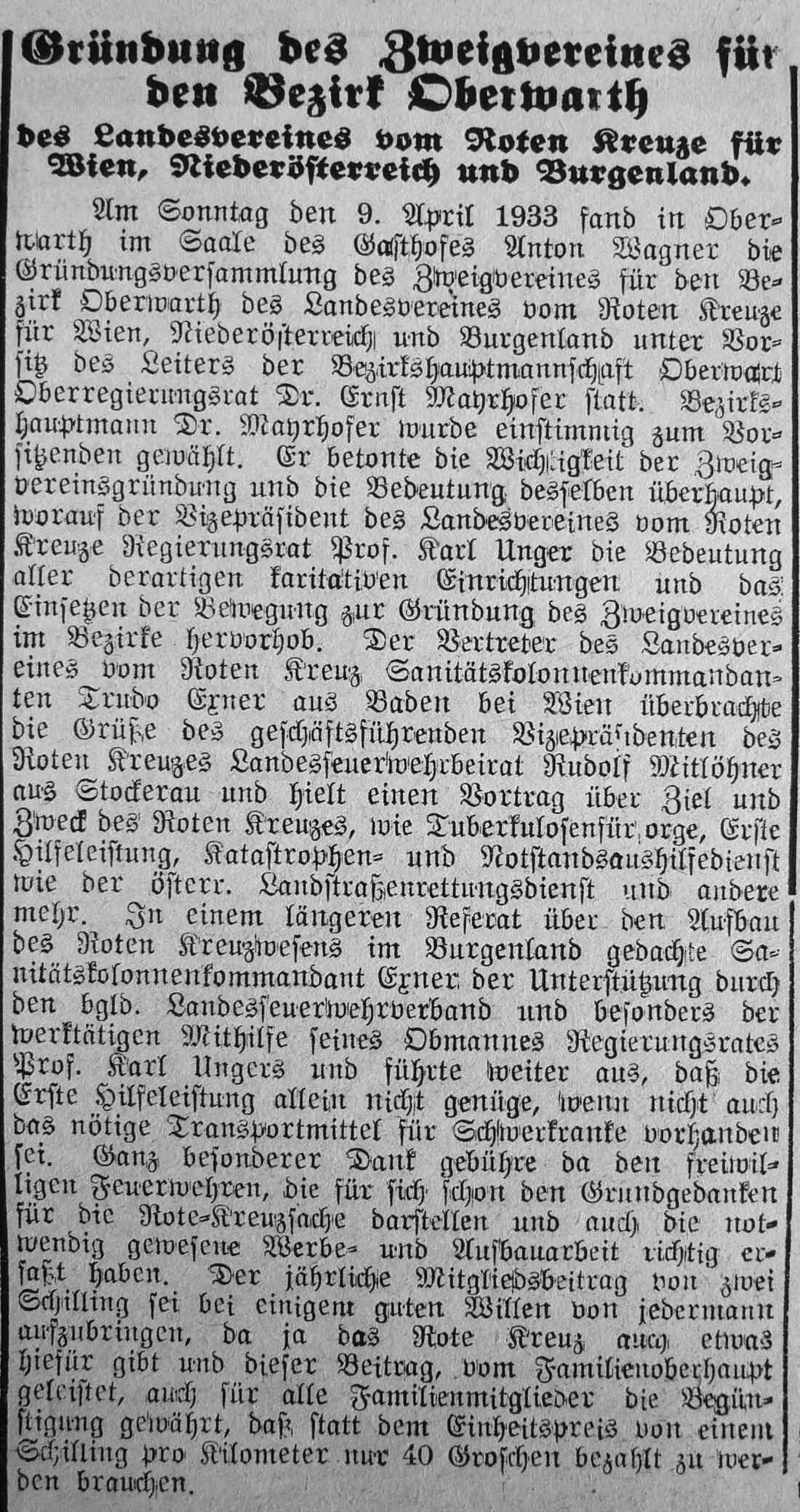 Oberwarther Sonntags-Zeitung vom 16. April 1933 : Bericht über die Gründung "Rotes Kreuz Oberwart"