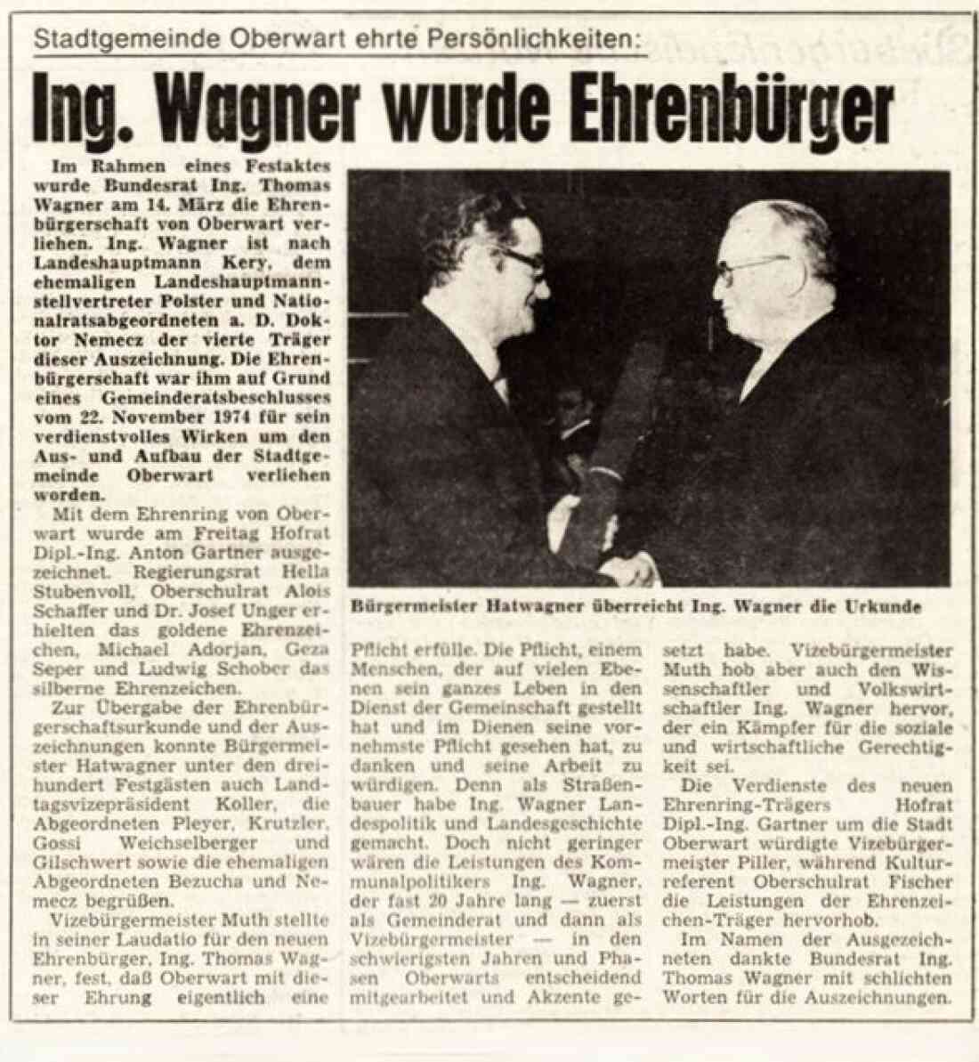 Verleihung der Ehrenbürgerschaft an BR Ing. Thomas Wagner und weitere Auszeichnungen der Stadtgemeinde - Bericht in der BF vom 19. März 1975
