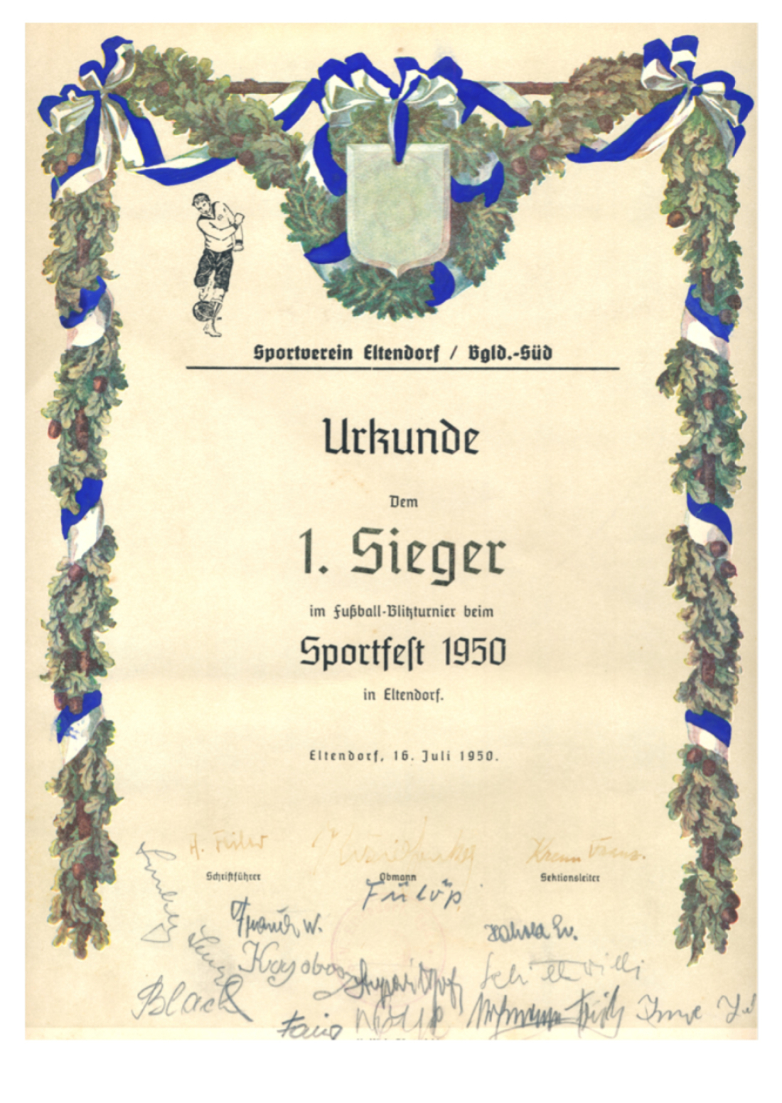 Fußball: Urkunde des SC - Oberwart als Sieger beim einem Blitzturnier in Eltendorf 1950