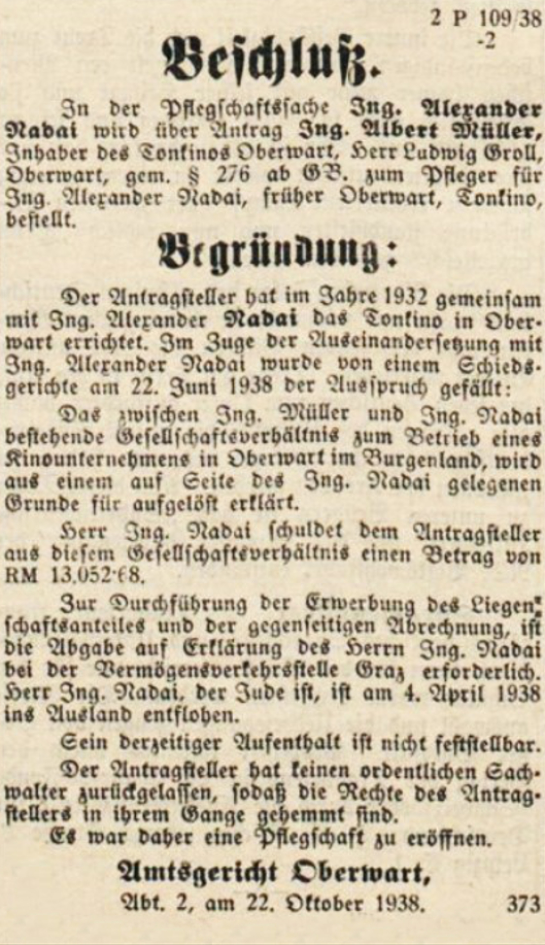 Tonkino Oberwart (Gloriatonkino): Beschluss der Pflegschaft durch Ludwig Groll