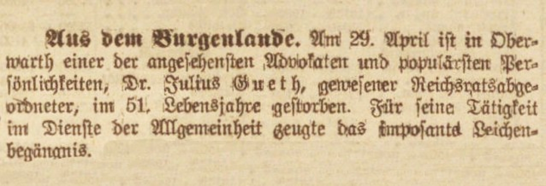 Grazer Volksblatt vom 10. Mai 1922: zum Tod von Dr. Gyula Gueth