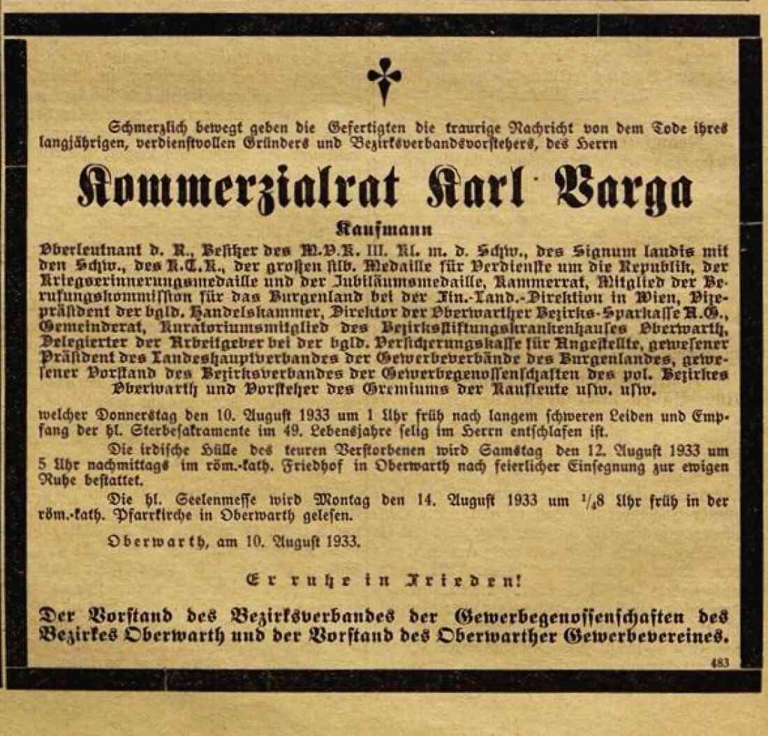 Traueranzeige in der Oberwarther Sonntags-Zeitung vom 13. August 1933 zum Tod von Kaufmann KR Karl Varga (*1885/+1933)