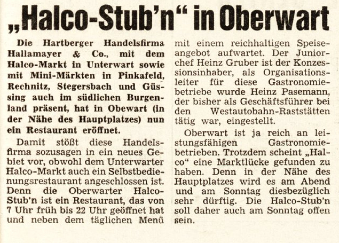 Eröffnung des Restaurants "Halco Stub'n" (auch "Halco-Stüberl", später "Häferlgucker") im Jahr 1977 - Steinamangererstraße 1