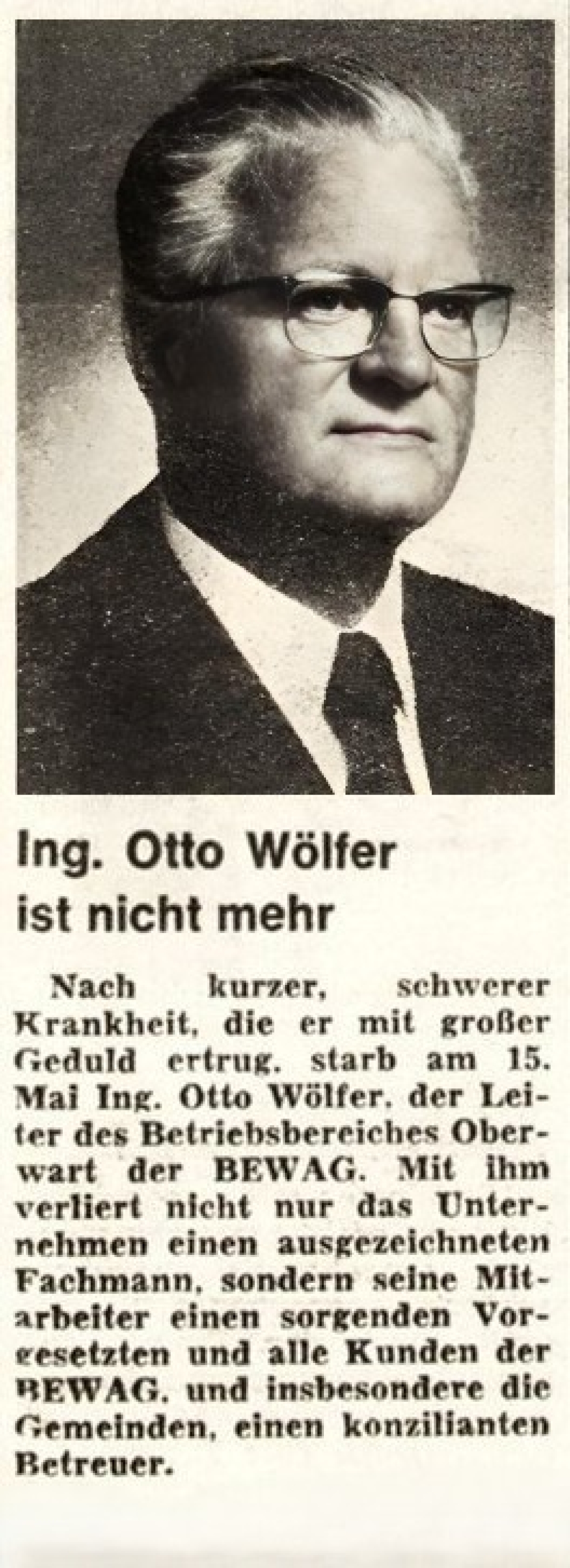BF vom 18. Mai 1978: Nachruf auf Ing. Otto Wölfer (*1921/+1978)