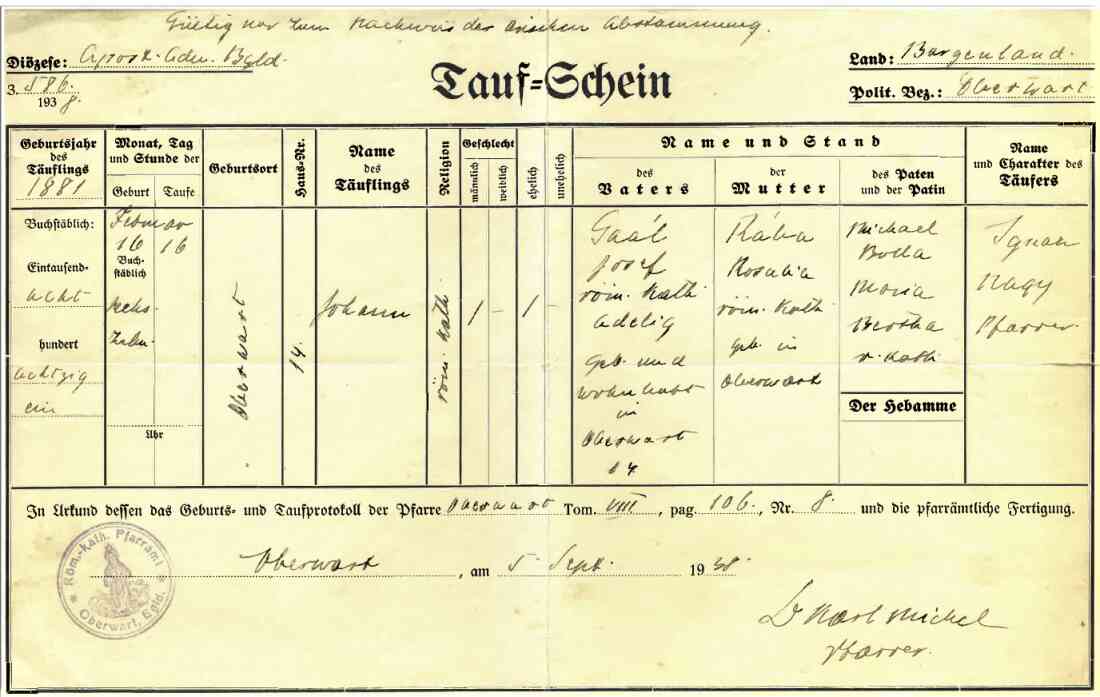 Taufschein des Johann (Janos) Gaal +1881 /+1954