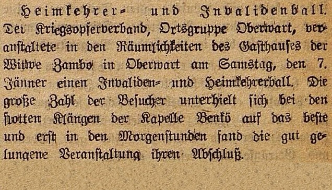 Oberwarther = Sonntagszeitung vom 15. Jänner 1950: Kurzbericht über den Heimkehrer- und Invalidenball