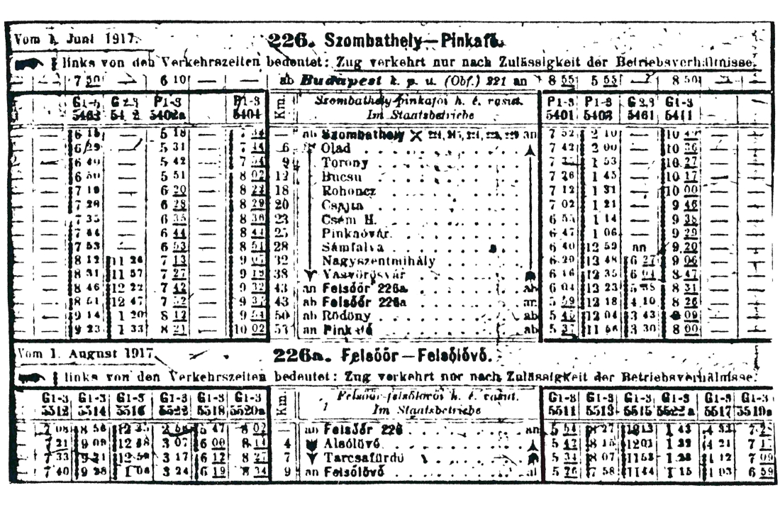 Kriegsfahrplan im I. Weltkrieg der Bahnlinien Szombathely-Pinkafö und Felsöör-Felsölövö gültig ab 1. Juni 1917