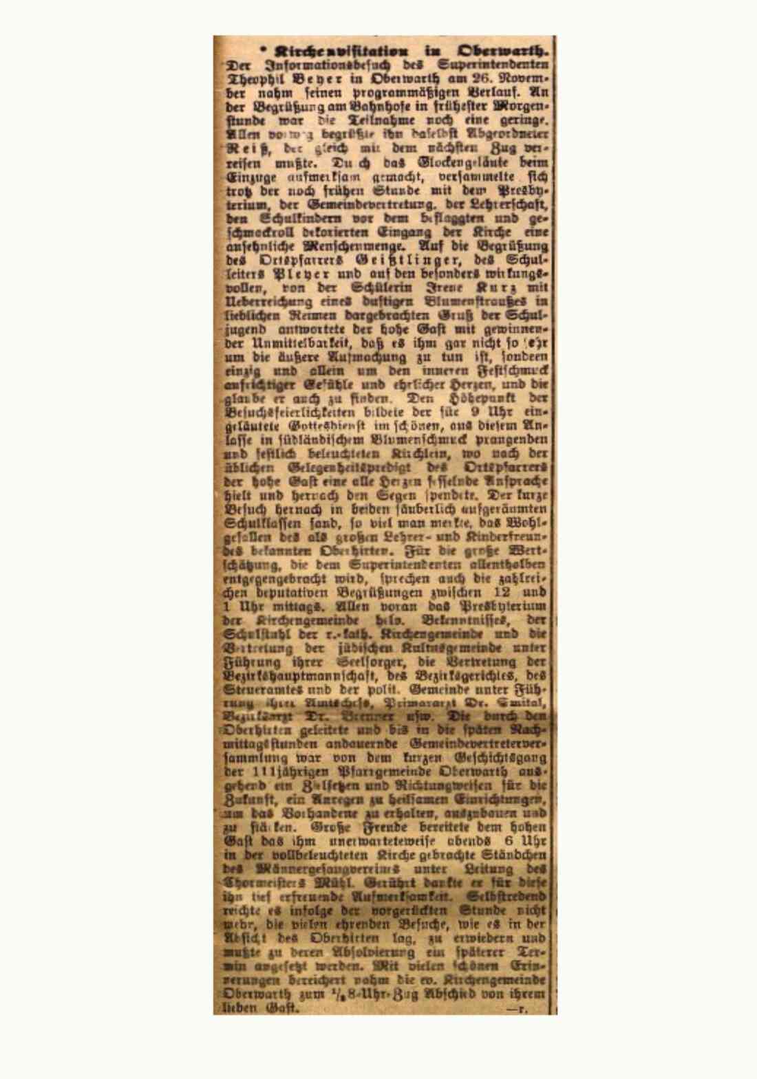 Bericht über die Kirchenvisitation durch Superintendent Th. Beyer in der Evang. Pfarrgemeinde AB in der Oberwarther Sonntags-Zeitung vom 19. Dezember 1926