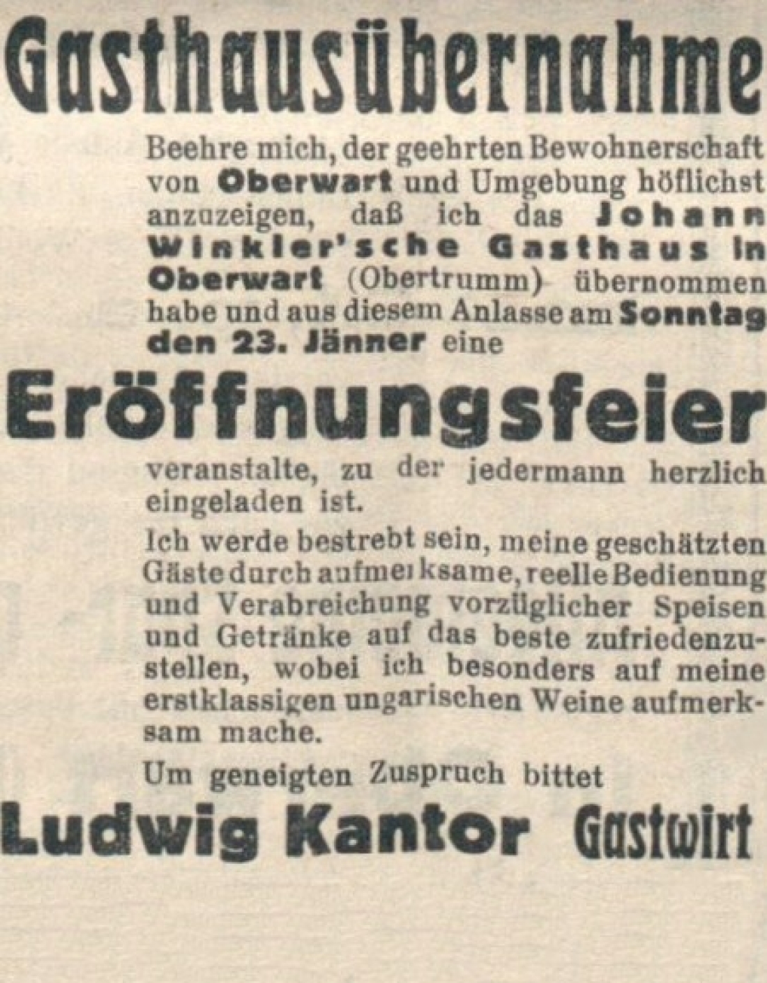 Oberwarther = Sonntagszeitung vom 16. Jänner 1938: Gasthaus Winkler (Grazerstraße 44) - Inserat anlässlich der Gasthausübernahme durch Ludwig Kantor