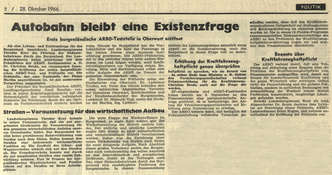 Artikel in der BF vom 28. Oktober 1966: "Erste Bgld. ARBÖ-Teststelle in Oberwart eröffnet"