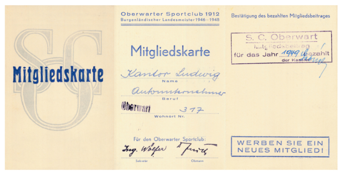 Fußball - SC Oberwart: Mitgliedskarte des Oberwarter Sportclubs 1912 von Ludwig Kantor - Autounternehmer (OW 317 / Grazerstraße 44)