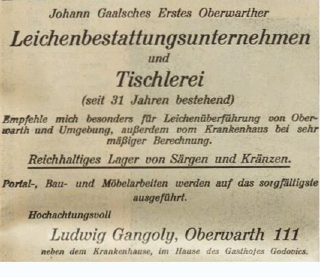 Anzeige in der Oberwarther Sonntags = Zeitung vom 26. Jänner 1926: Johann Gaalsches Erstes Oberwarther Bestattungsunternehmen und Tischlerei - Ludwig Gangoly (OW 111 / Steinamangererstraße 24)