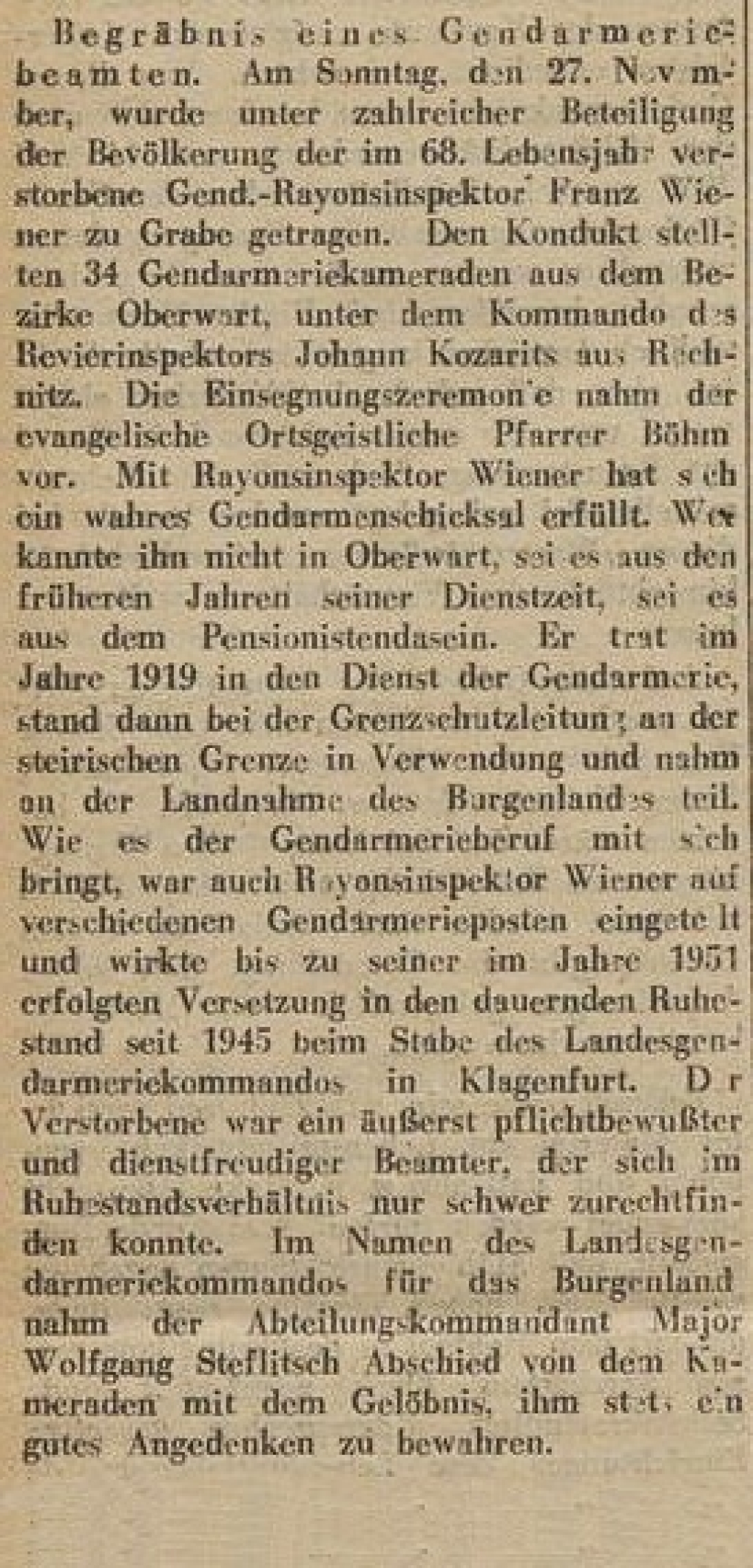 Oberwarter Zeitung vom 4. Dezember 1955: Begräbnis Gendarmeriebeamter, Rayonsinspektor Franz Wiener (+1888/+1955)