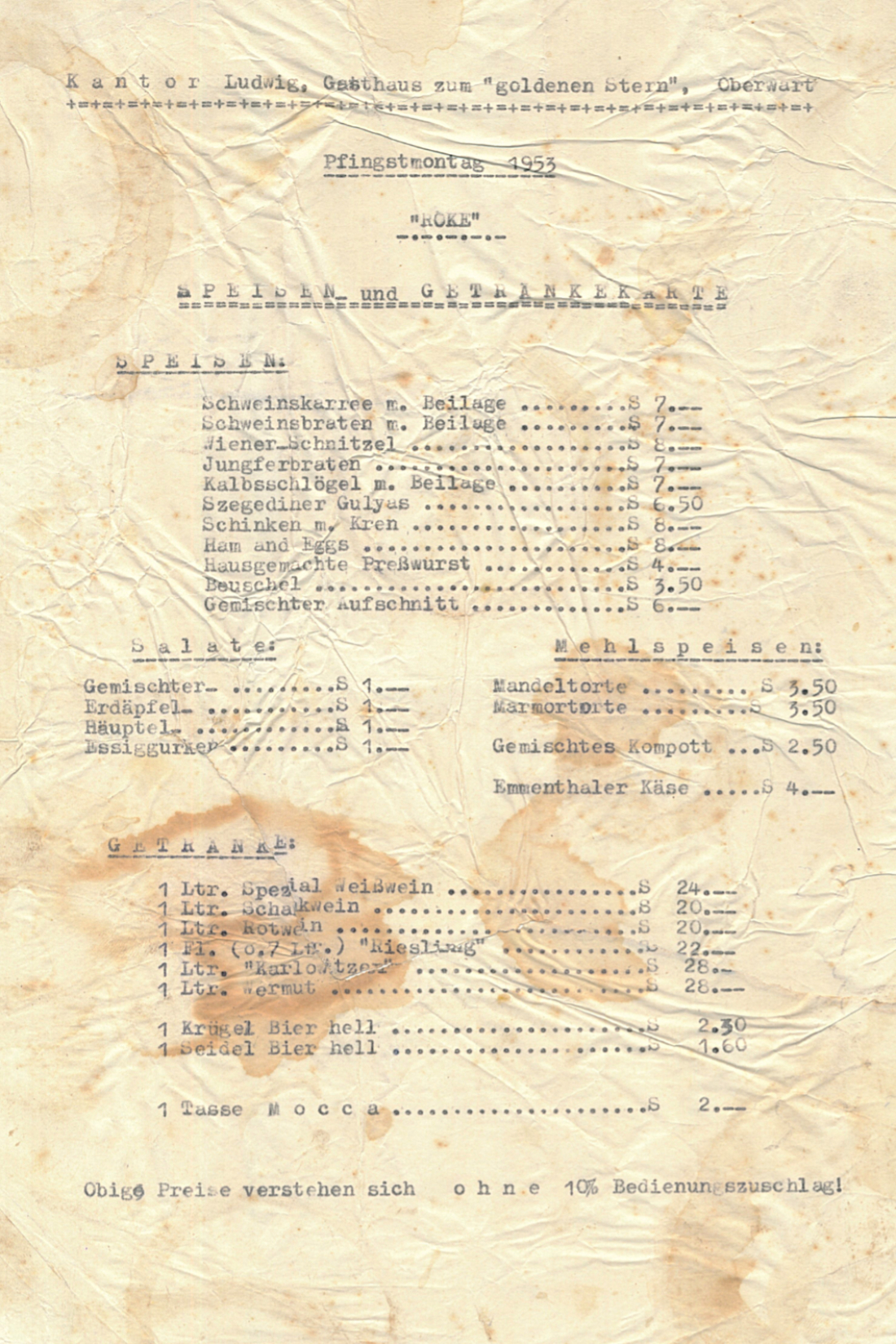 Ludwig Kantor - Gasthaus zum "Goldenen Stern" - Speisen- und Getränkekarte - "RÖKE" - Pfingstmontag 1953