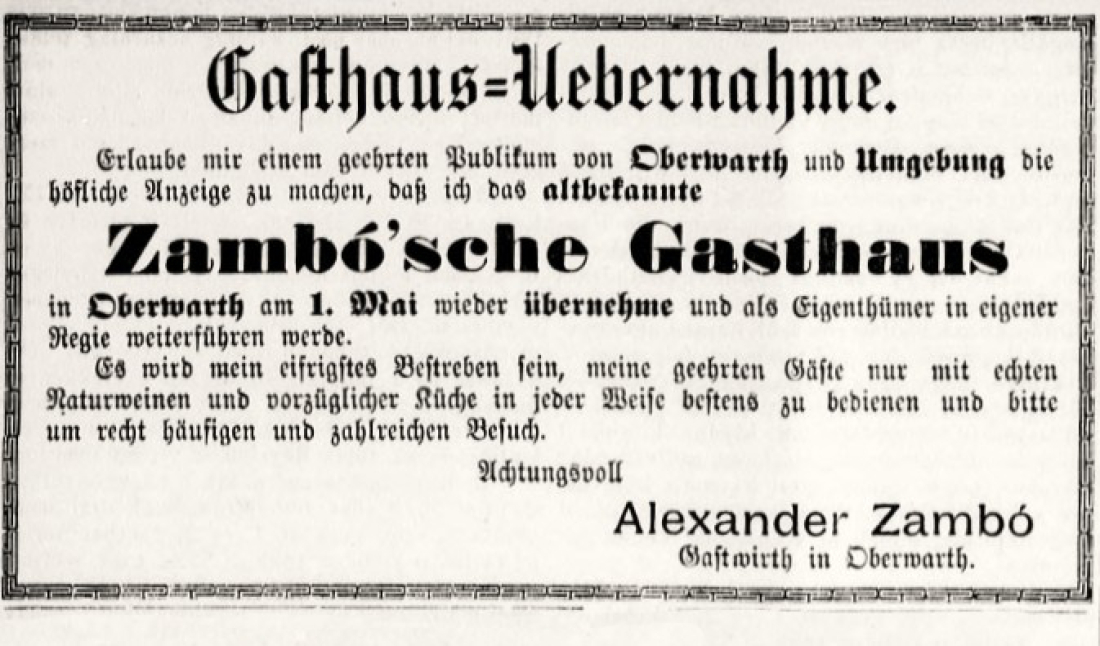 Oberwarther Sonntags-Zeitung vom 21. April 1901: Anzeige zur Uebernahme des Zambo´schen Gasthauses