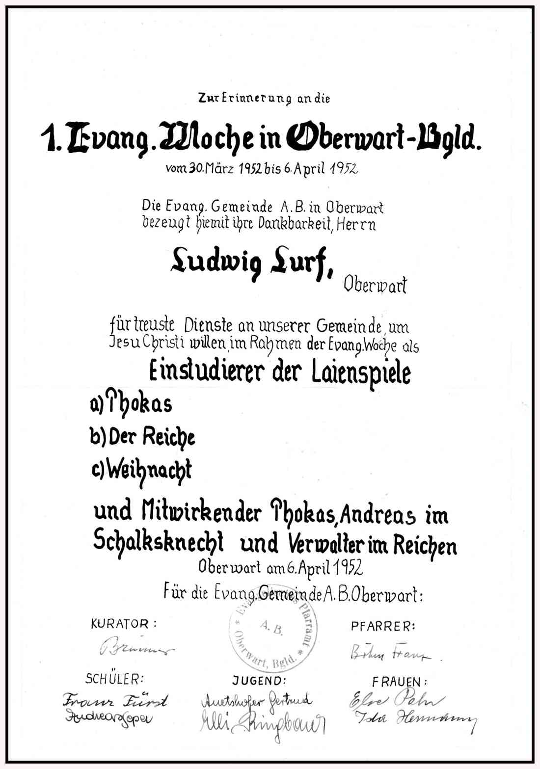Erinnerungurkunde an die erste Evang. Woche der evang. Pfarrgemeinde AB im Jahre 1952 für Herrn Ludwig Lurf
