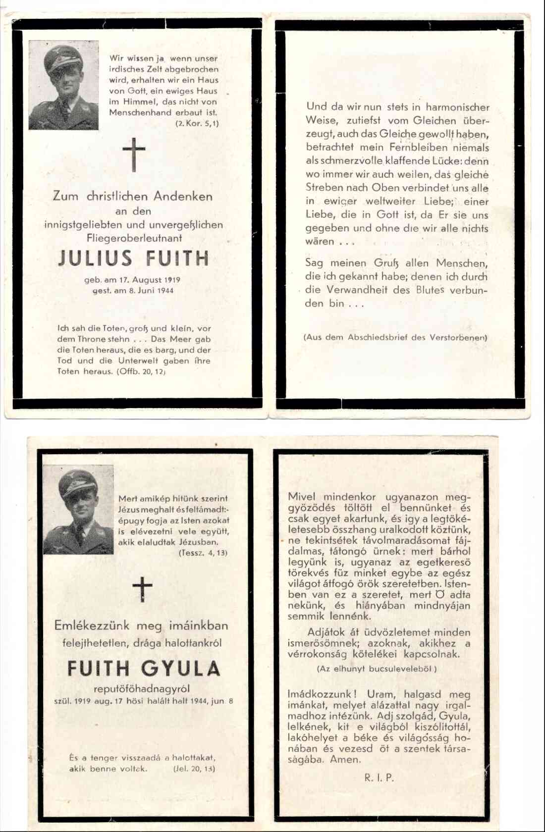Julius Fuith *1919 / + 1944; -  Gedenkbilderkärtchen in Deutsch und Ungarisch (Innenseiten)