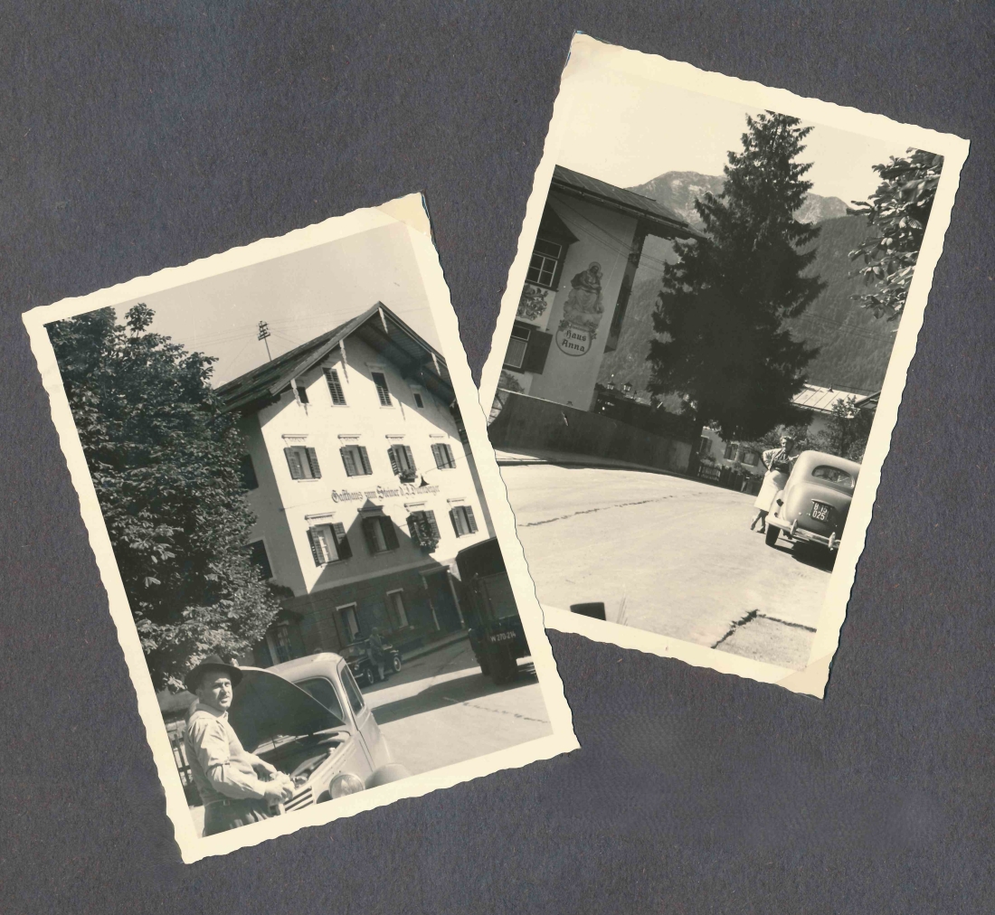 Österreichrundfahrt: Gertraud Ryba (geb. Wenisch) und Rudolf Schober vor dem Gasthaus Steiner und dem Haus Anna in Lofer