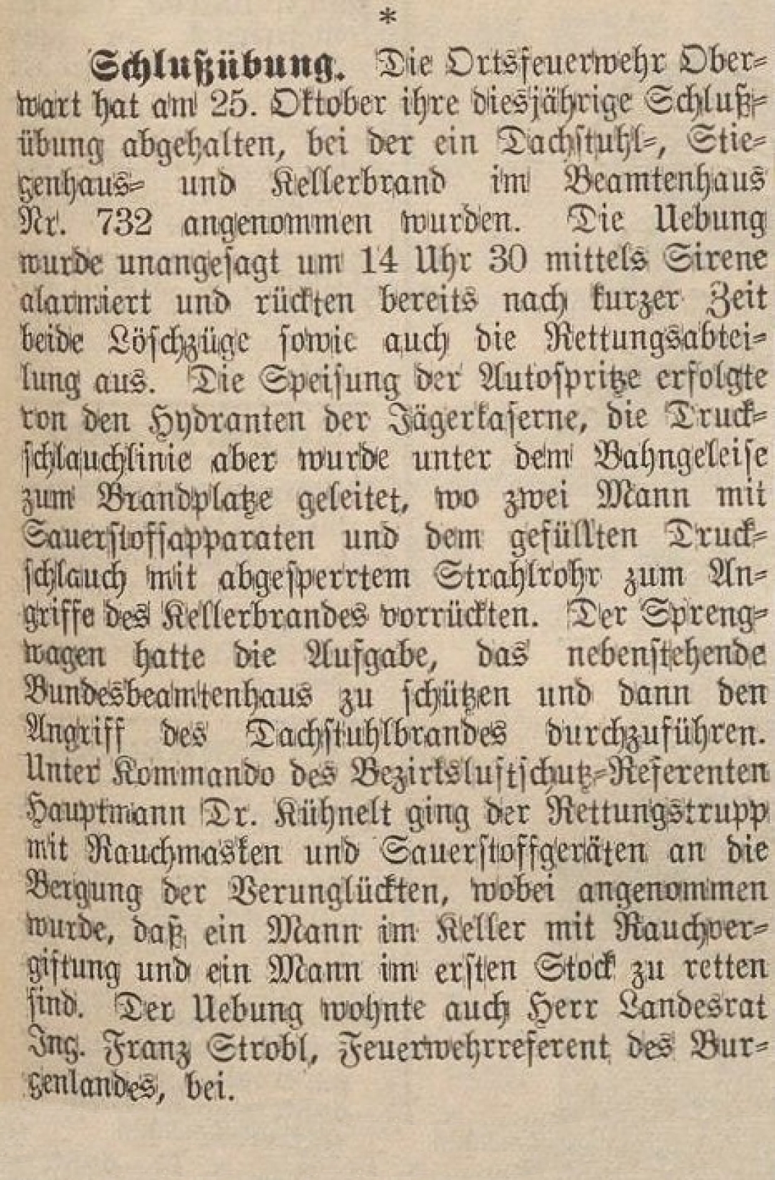 Oberwarther = Sonntagszeitung vom 15. November 1936: Bericht über die Schlussübung der Feuerwehr im Beamtenhaus OW 732 / Prinz Eugenstraße 8
