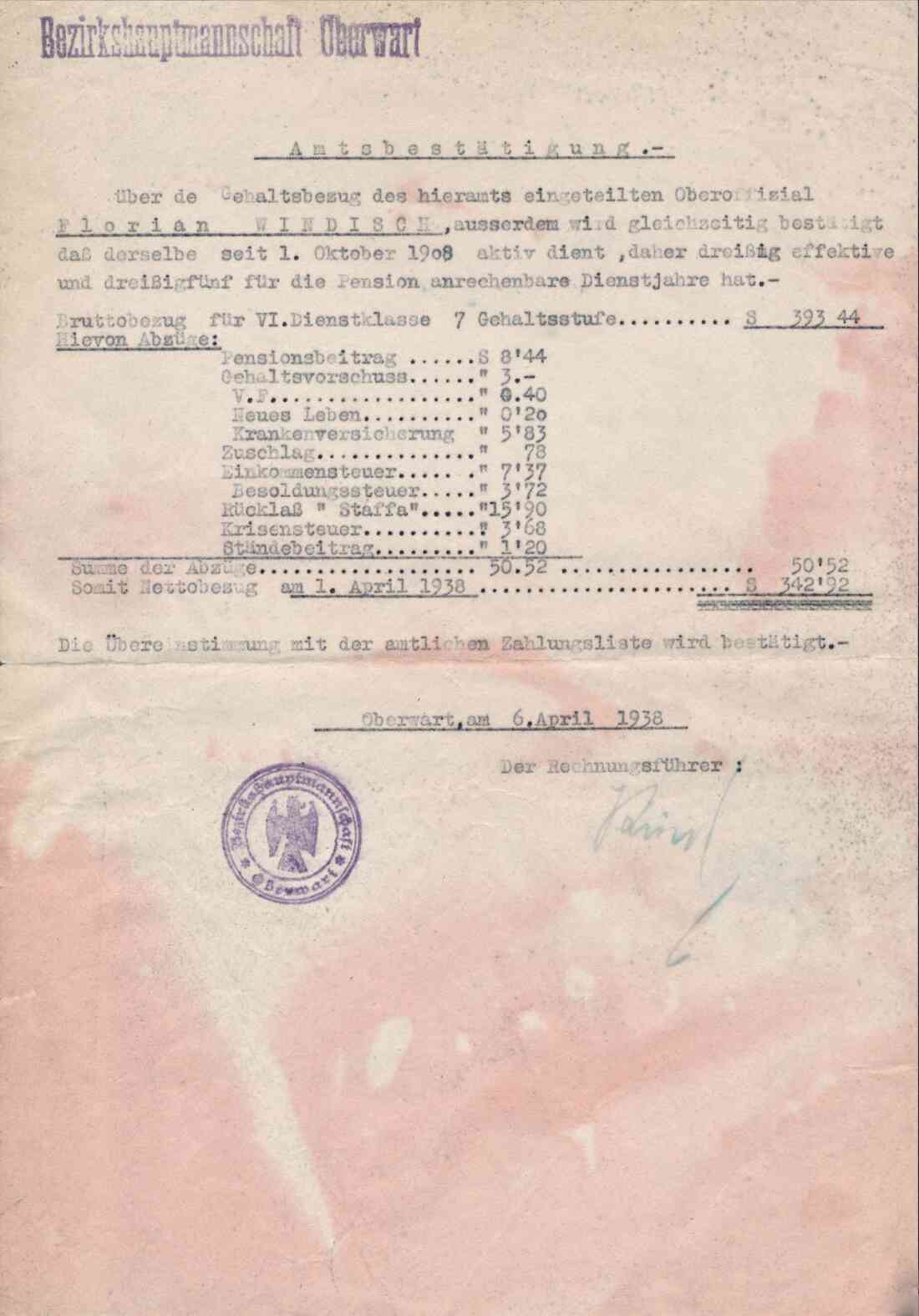Amtsbestätigung der Bezirkshauptmannschaft Oberwart für OOff. Florian Windisch