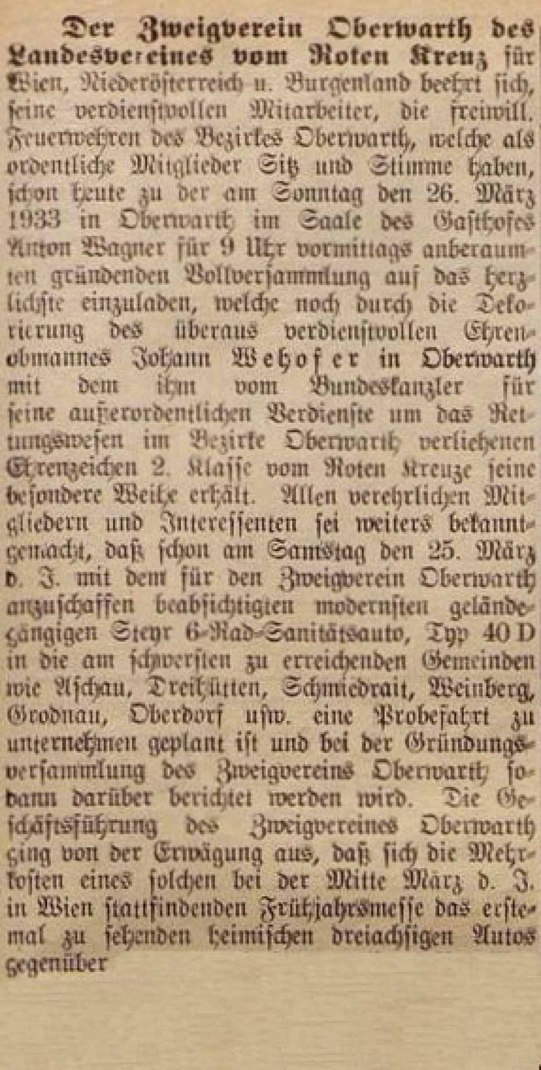 Oberwarther = Sonntagszeitung vom 6. März 1933: Landesvereines vom Roten Kreuz für Wien, Niederösterreich u. Burgenland – Vollversammlung in Oberwarth (Wehofer/ Sanitätsauto)