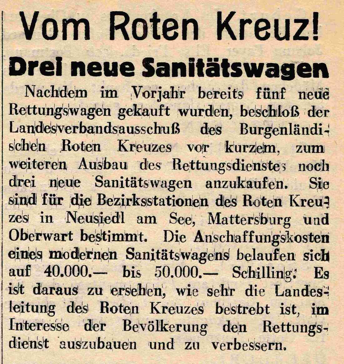 Rotes Kreuz: Artikel zur Anschaffung eines neuen Sanitätswagens bzw. Rettungswagens 1956