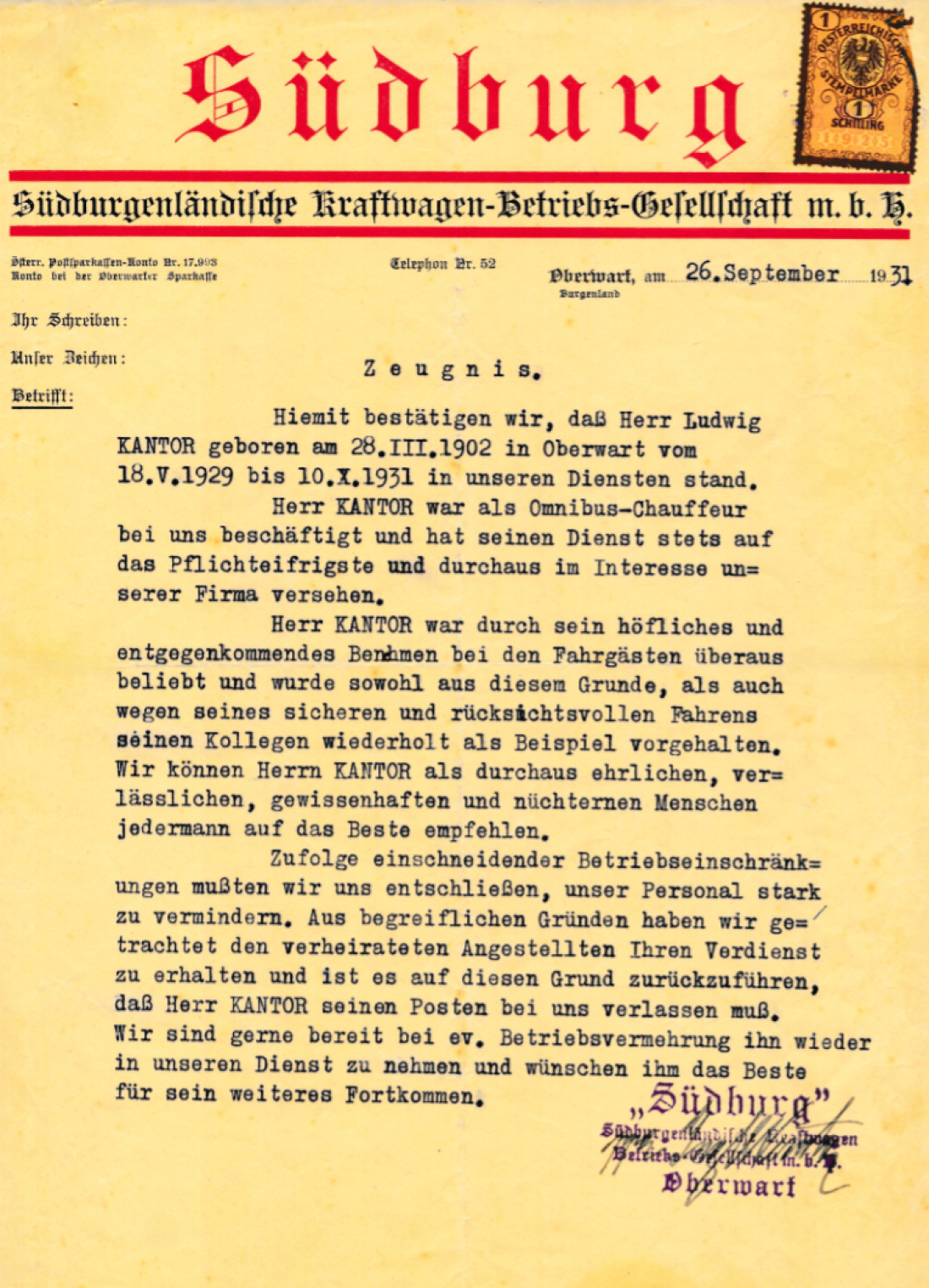Dienstzeugnis der Südburg von Ludwig Kantor (*1902/+1965) über seine Tätigkeit als Omnibus-Chaffeur