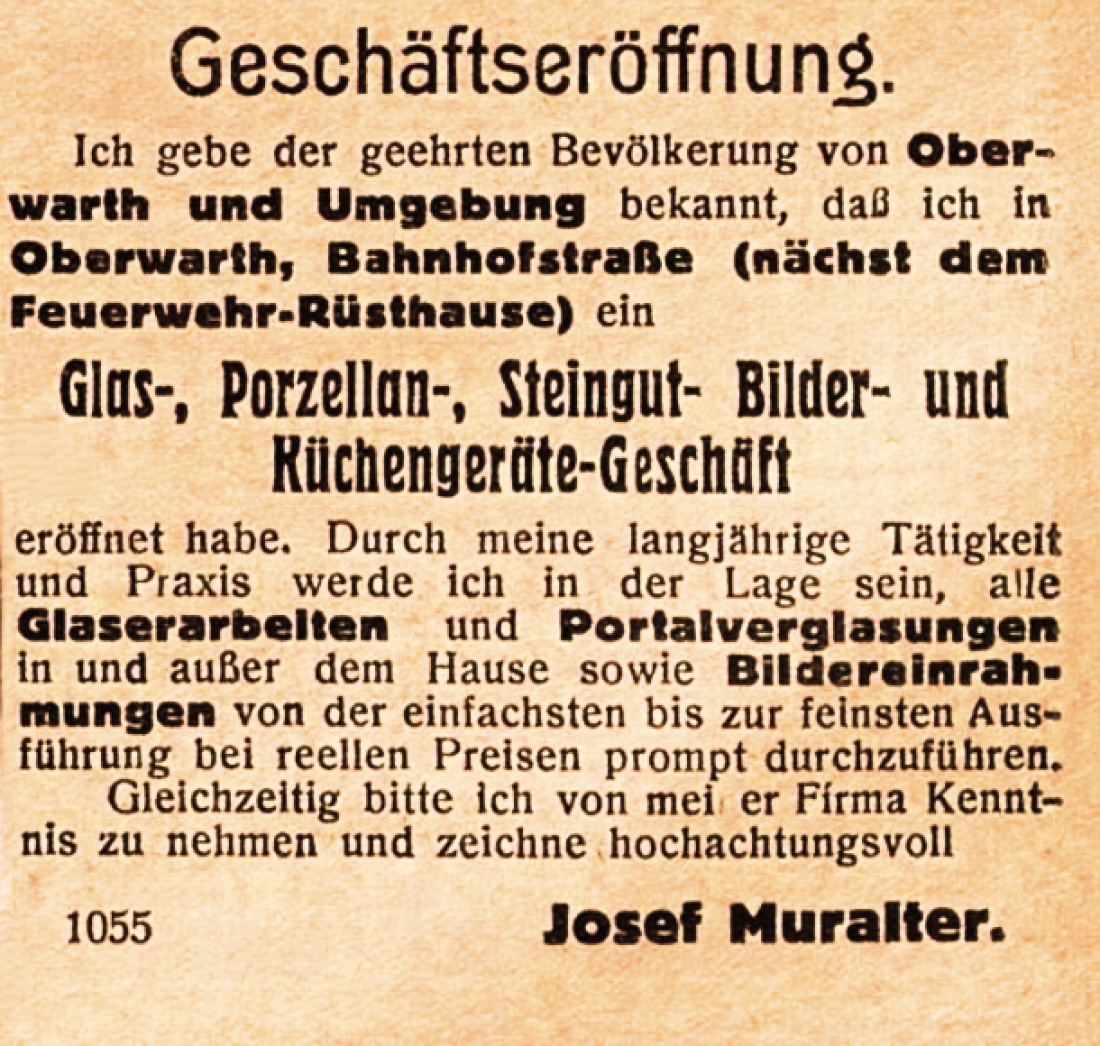 Oberwarther Sonntags = Zeitung vom 12. Dezember 1926: Geschäftseröffnung Josef Muralter (Illegaler NAZI-Nationalsozialist)