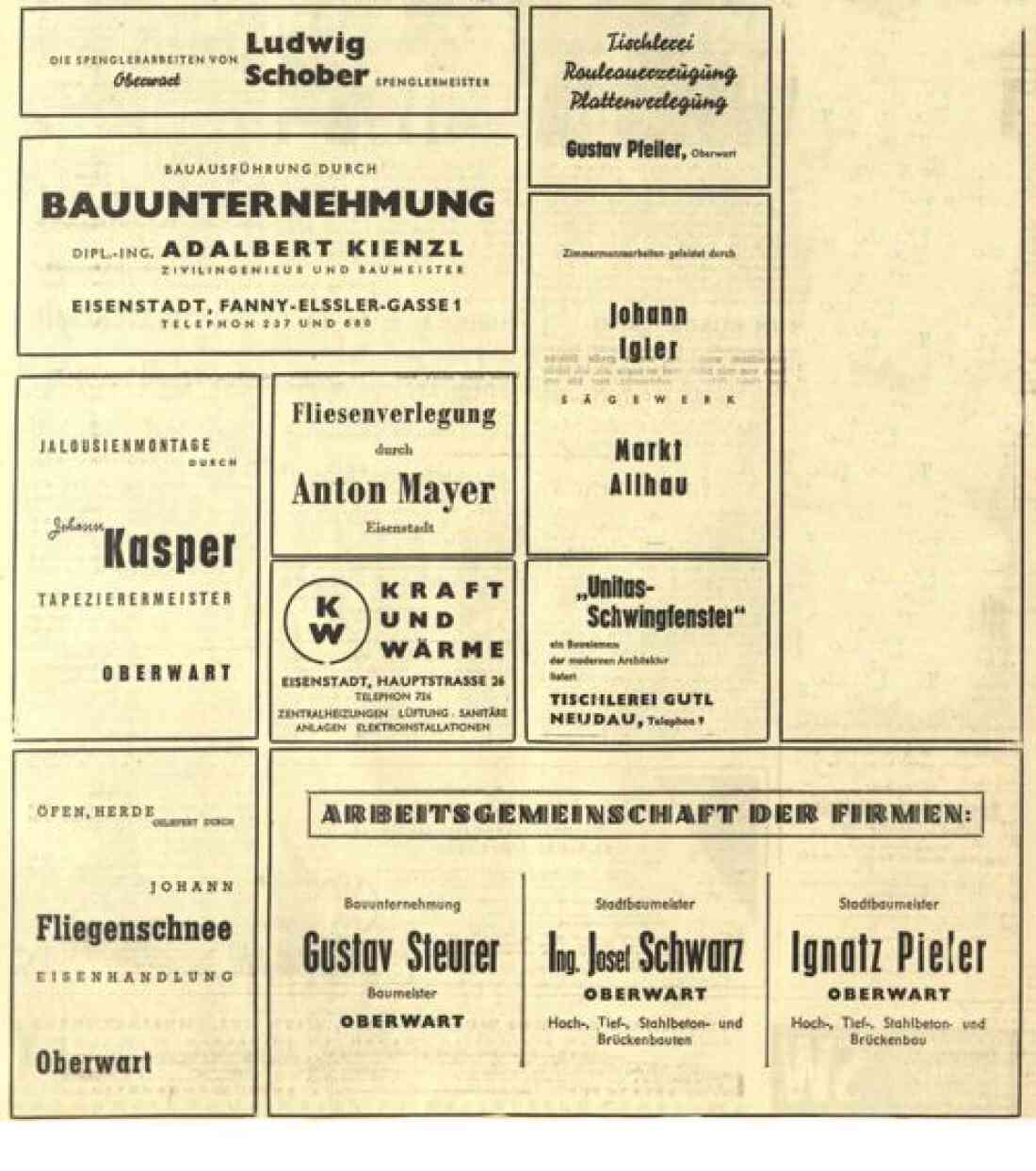 Am Bau des Bundesamtsgebäudes beteiligte Firmen in der BF am 12. März 1960