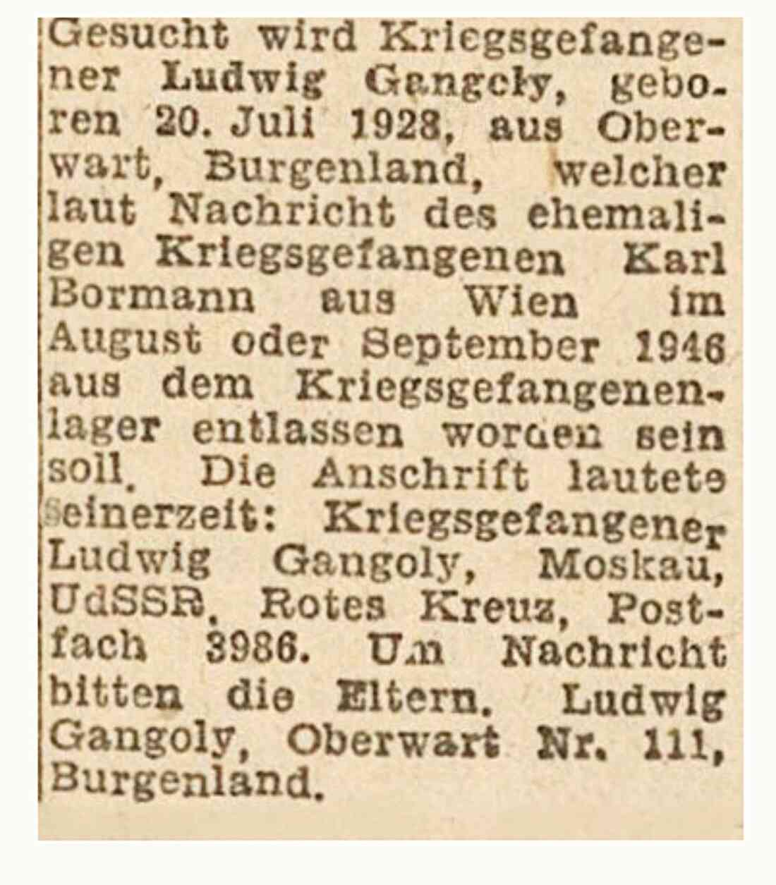 Suchanzeige in der Österreichischen Zeitung vom 11. Juli 1947: Gesucht wir Ludwig Gangoly (Steinamangererstraße 24)