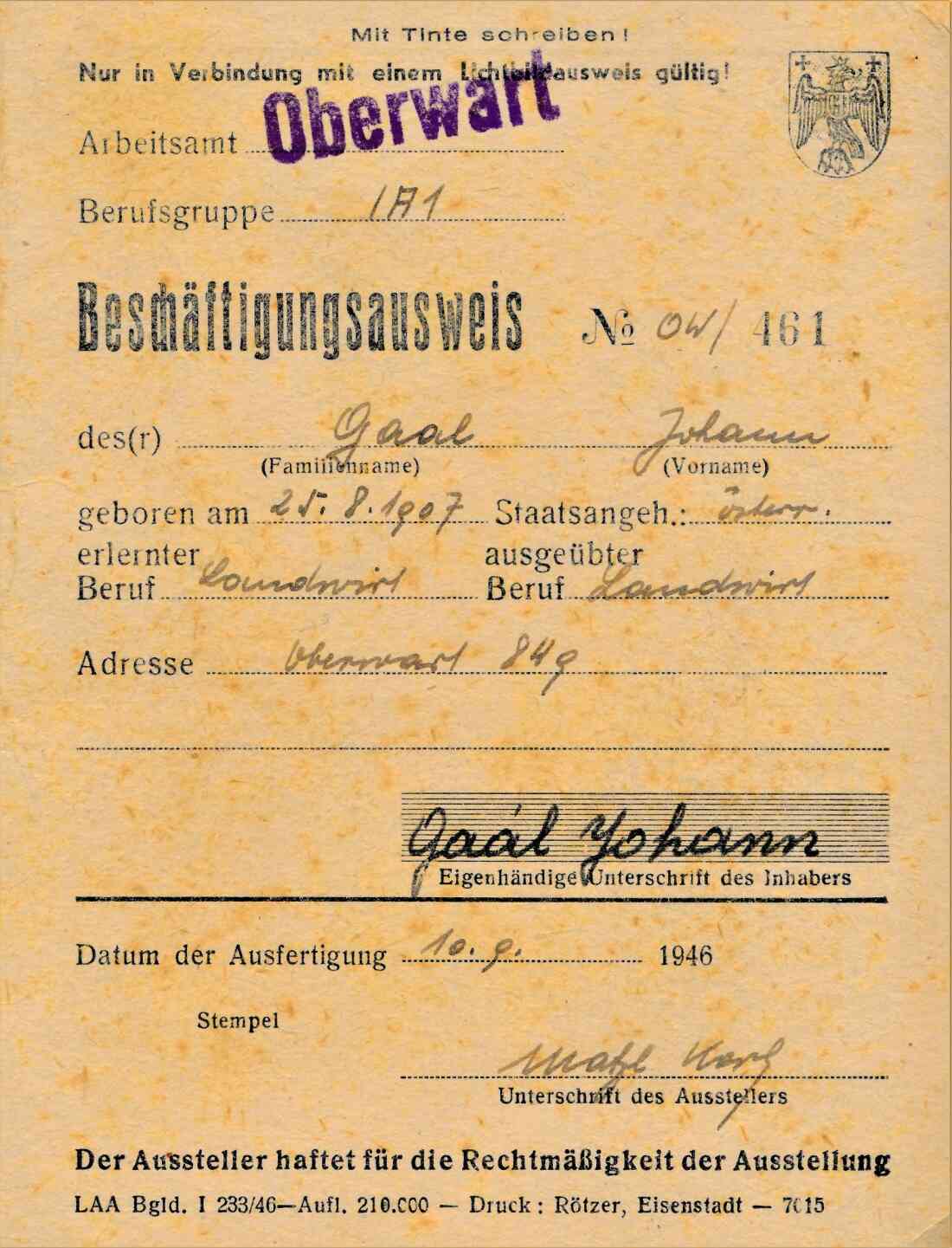 Johann Gaal: Beschäftigungsausweis
