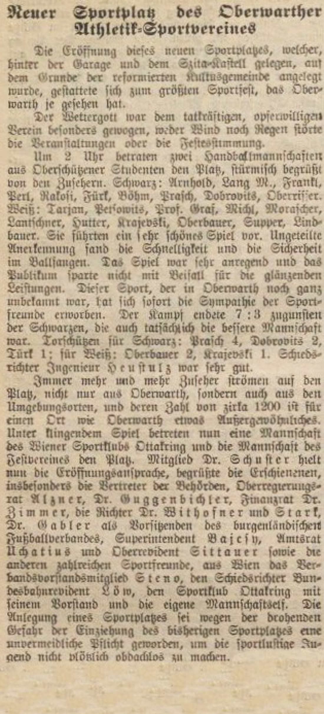 Oberwarther = Sonntagszeitung vom 1. Juni 1930: Neuer Sportplatz [Fußballplatz] des Oberwarther Athletik-Sportvereines