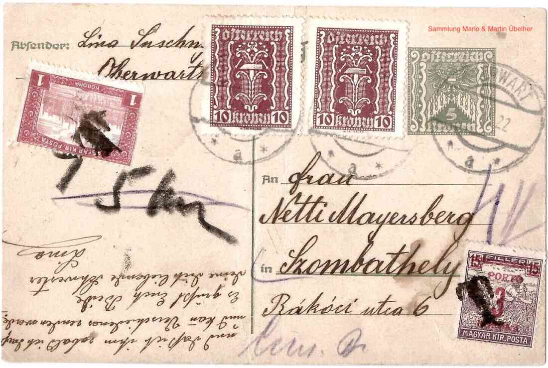 Postkarte von Lina Suschny aus Oberwart an ihre Schwester Netti Mayersberg in Szombathely.