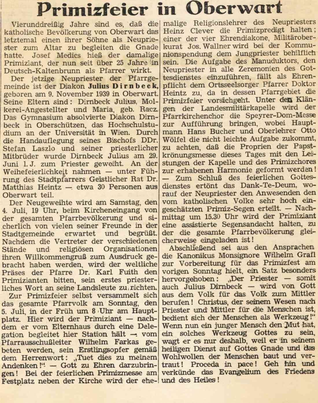 Röm. kath. Pfarre - Primiz von Julius Dirnbeck: Artikel in der Oberwarther Sonntags-Zeitung vom 5. Juli 1964