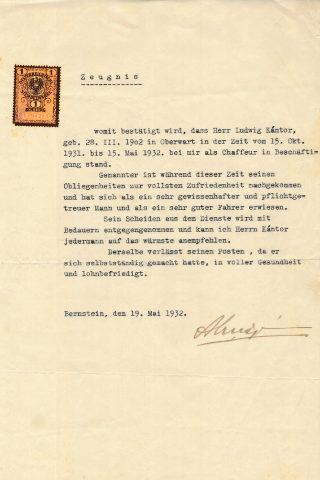Dienstzeugnis der Gräfin Almasy für Ludwig Kantor (*1902/+1965) über seine Tätigkeit Privatchaffeur