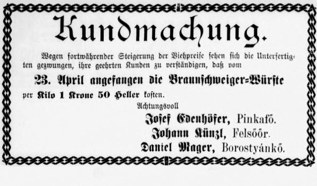 Oberwarther Sonntags-Zeitung vom 8. Mai 1910: Kundmachung zur Erhöhung des Preises der Braunschweiger Würste / Fleischhauer Johann Künzl (ung. Günczler)