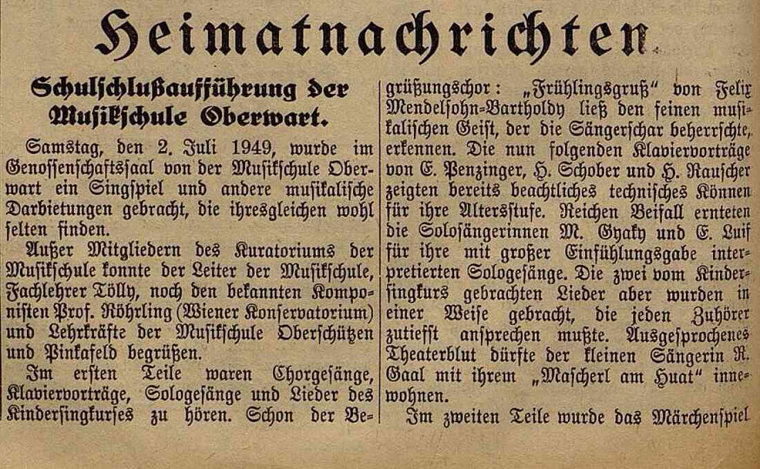 Artikel in der Oberwarther Zeitung vom 10. Juli 1949: Schlußaufführung der Musikschule mit dem Märchenspiel "Schwan kleb an"