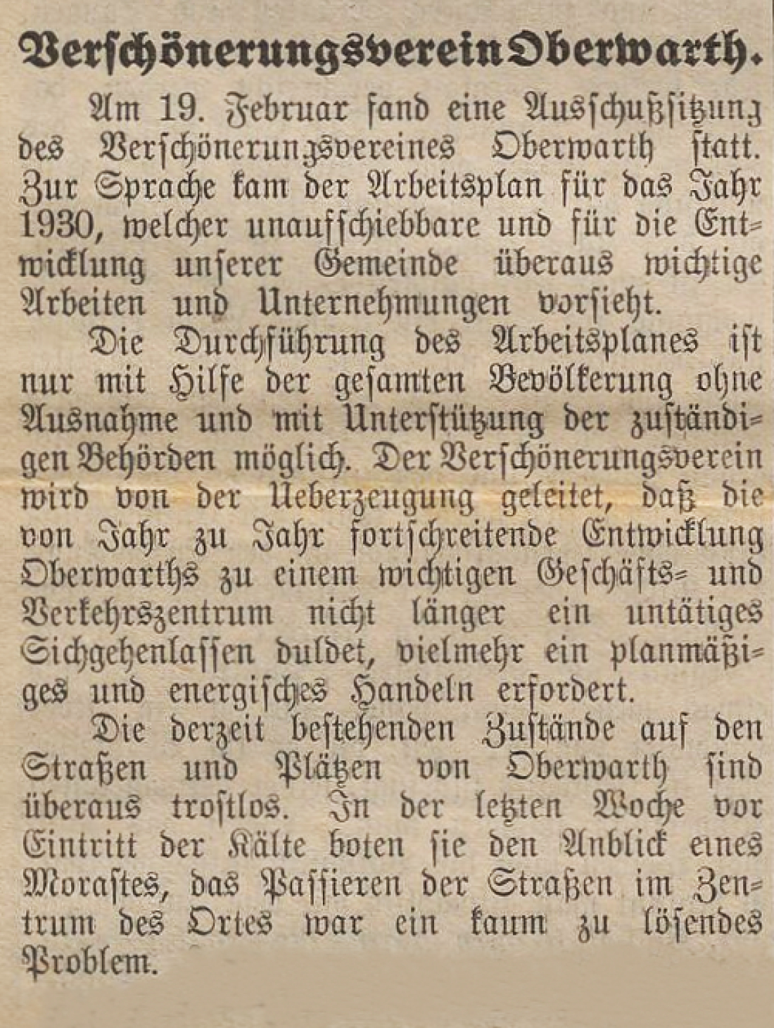 Artikel in der Oberwarther Sonntags = Zeitung vom 2. März 1930 über eine Ausschußsitzung des Verschönerungsvereins