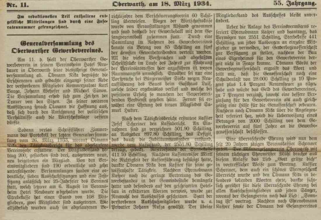 Bericht in der Oberwarther - Sonntagszeitung über die Generalversammlung des Gewerbevereins zur Zeit des Ständestaates
