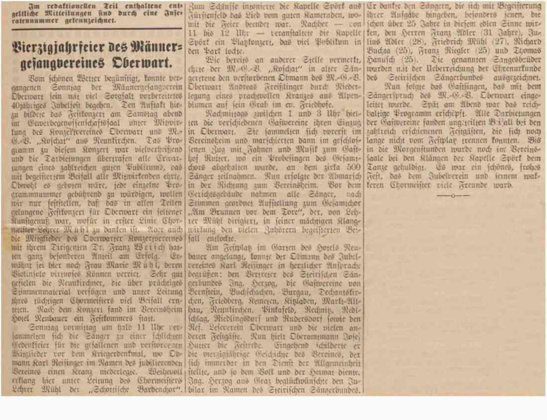 Leitartikel in der Oberwarther Sonntags-Zeitung vom 5. Juli 1936: 40-Jahr-Feier des Männergesangvereins Oberwart