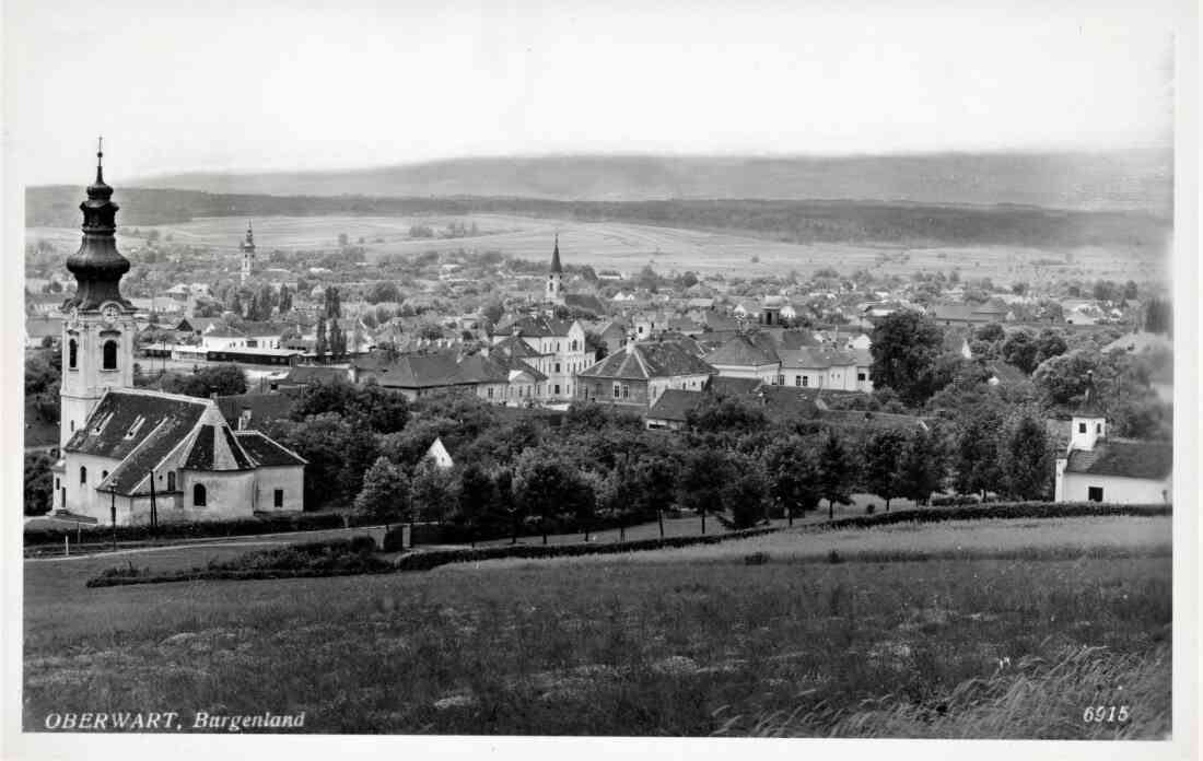 Ansichtskarte: Blick von Osten auf die drei Kirchen und die Kapelle am kath. Friedhof