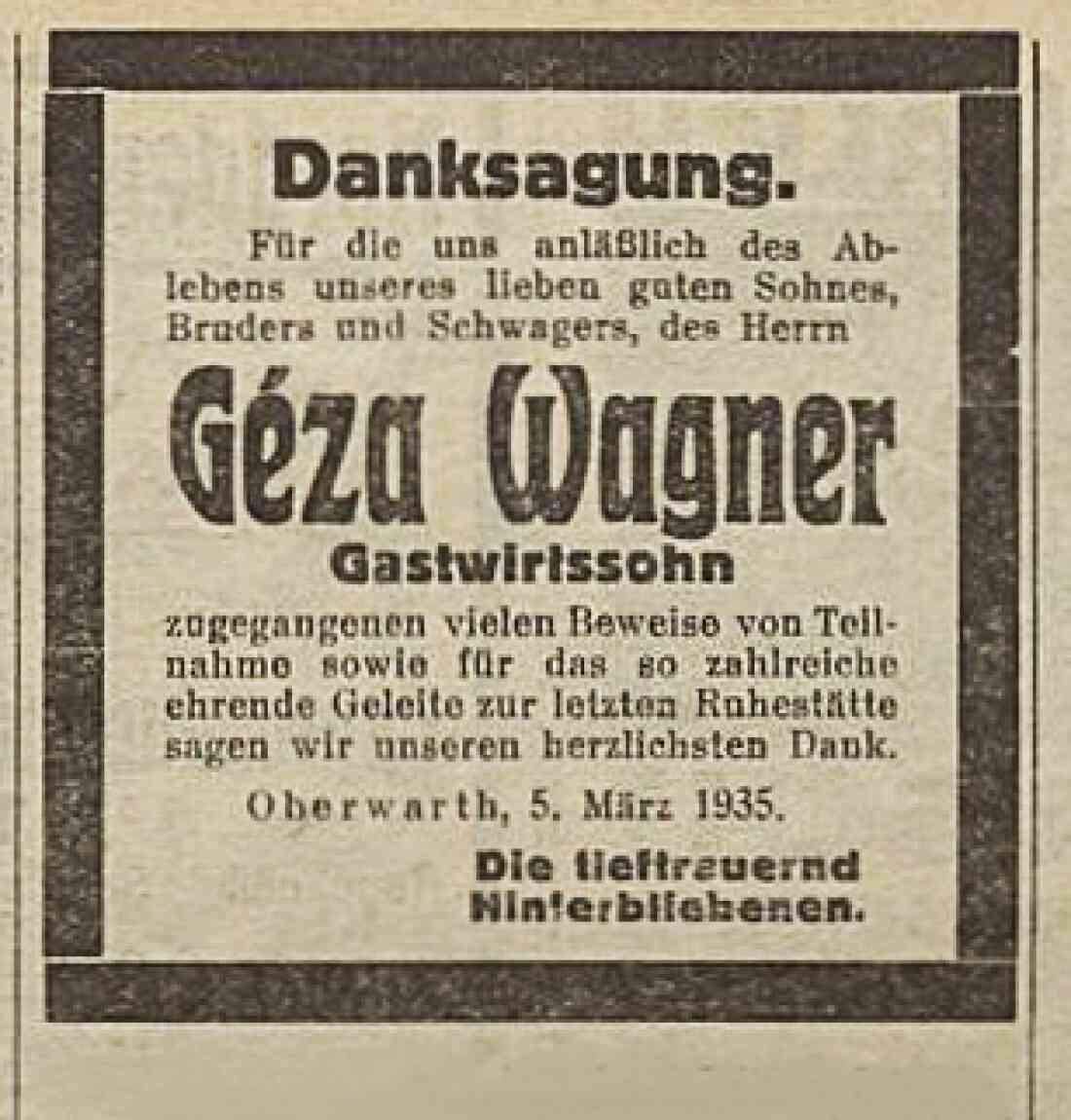 Danksagung anlässlich des Ablebens von Gastwirtssohn Geza Wagner  - OW 125 / Steinamangererstraße 6