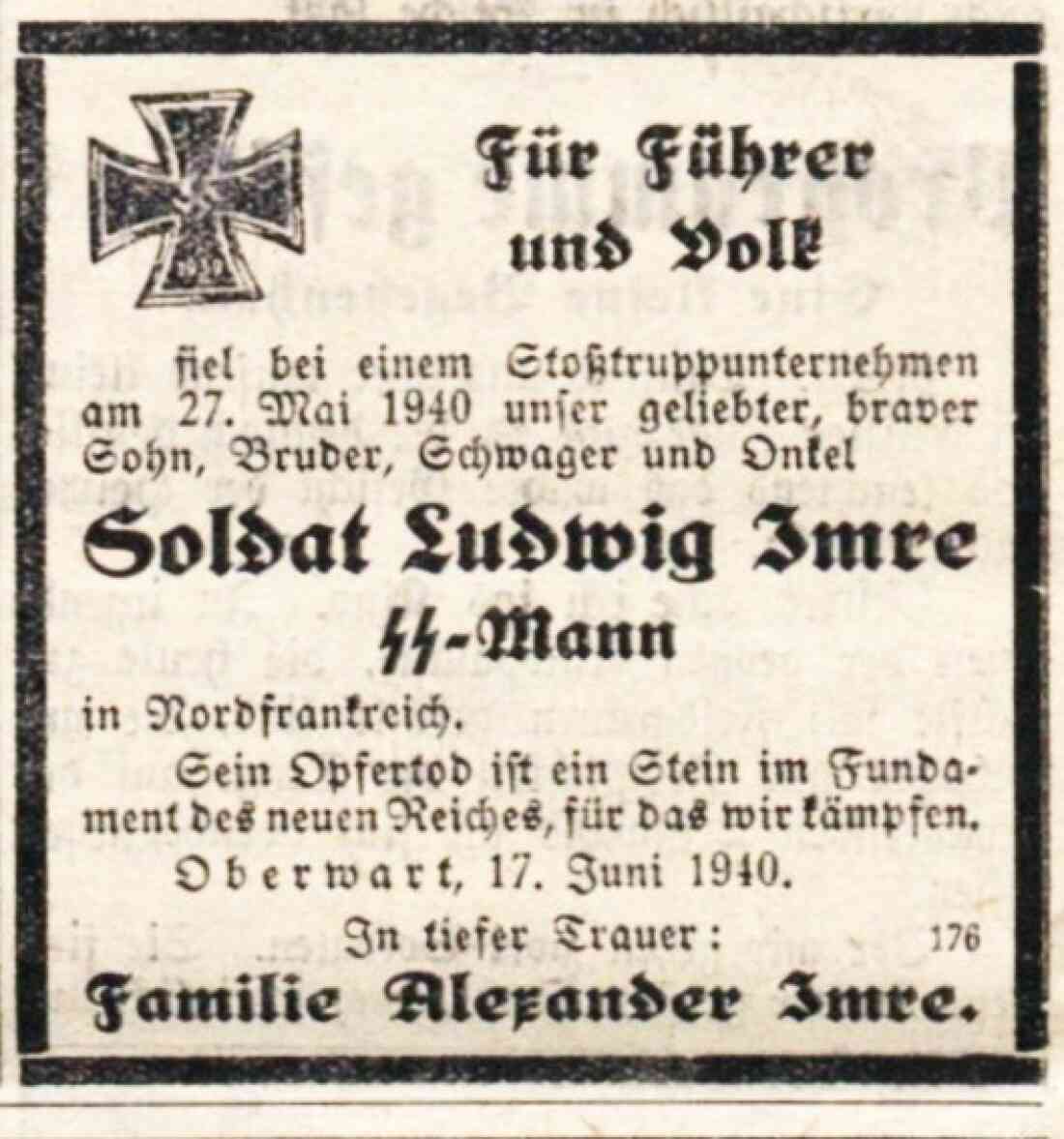 Oberwarther Sonntags-Zeitung vom 23. Juni 1940: Ludwig Imre - 1. Todesanzeige für einen Oberwarter Soldaten des II. Weltkriegs in dieser Zeitung
