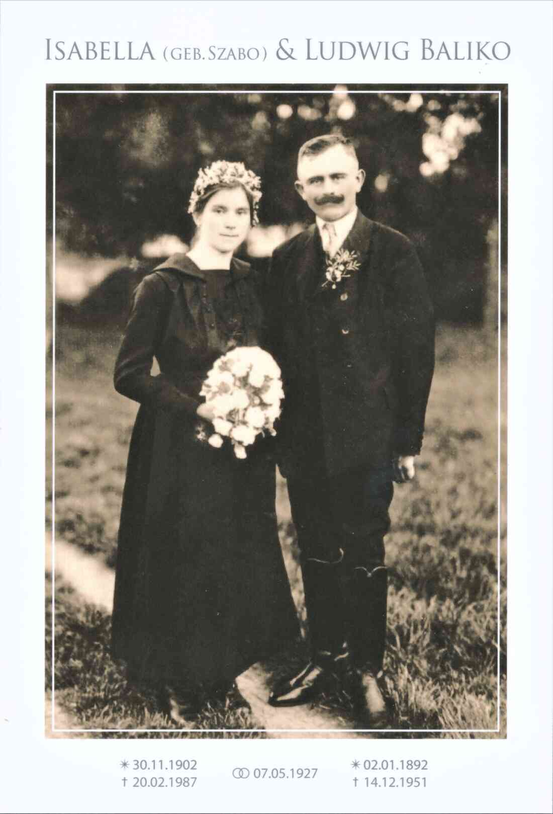Das Hochzeitspaar Isabella Szabo(*1902/+1987) und Ludwig Baliko (*1892/+1951) - Graf Erdödystraße 38
