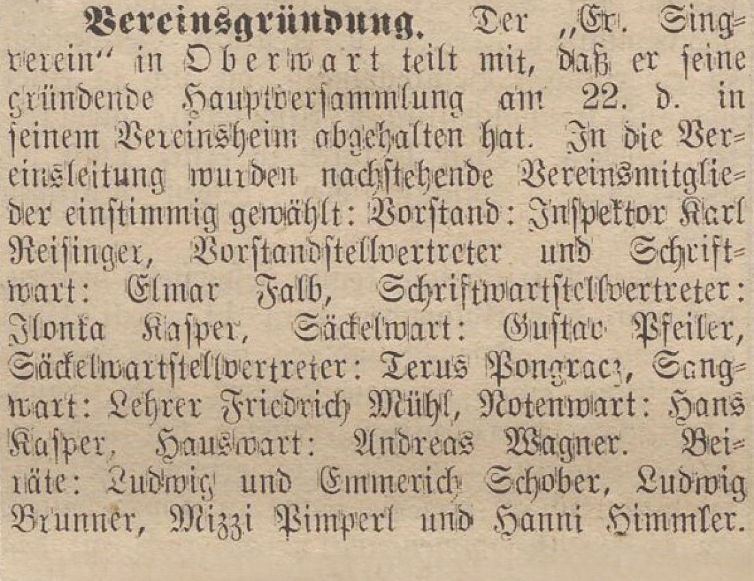 Kurzbericht in der Oberwarther = Sonntagszeitung vom 28. Feber 1937: "Vereinsgründung des Evang. Singvereins (Gesangvereins)"