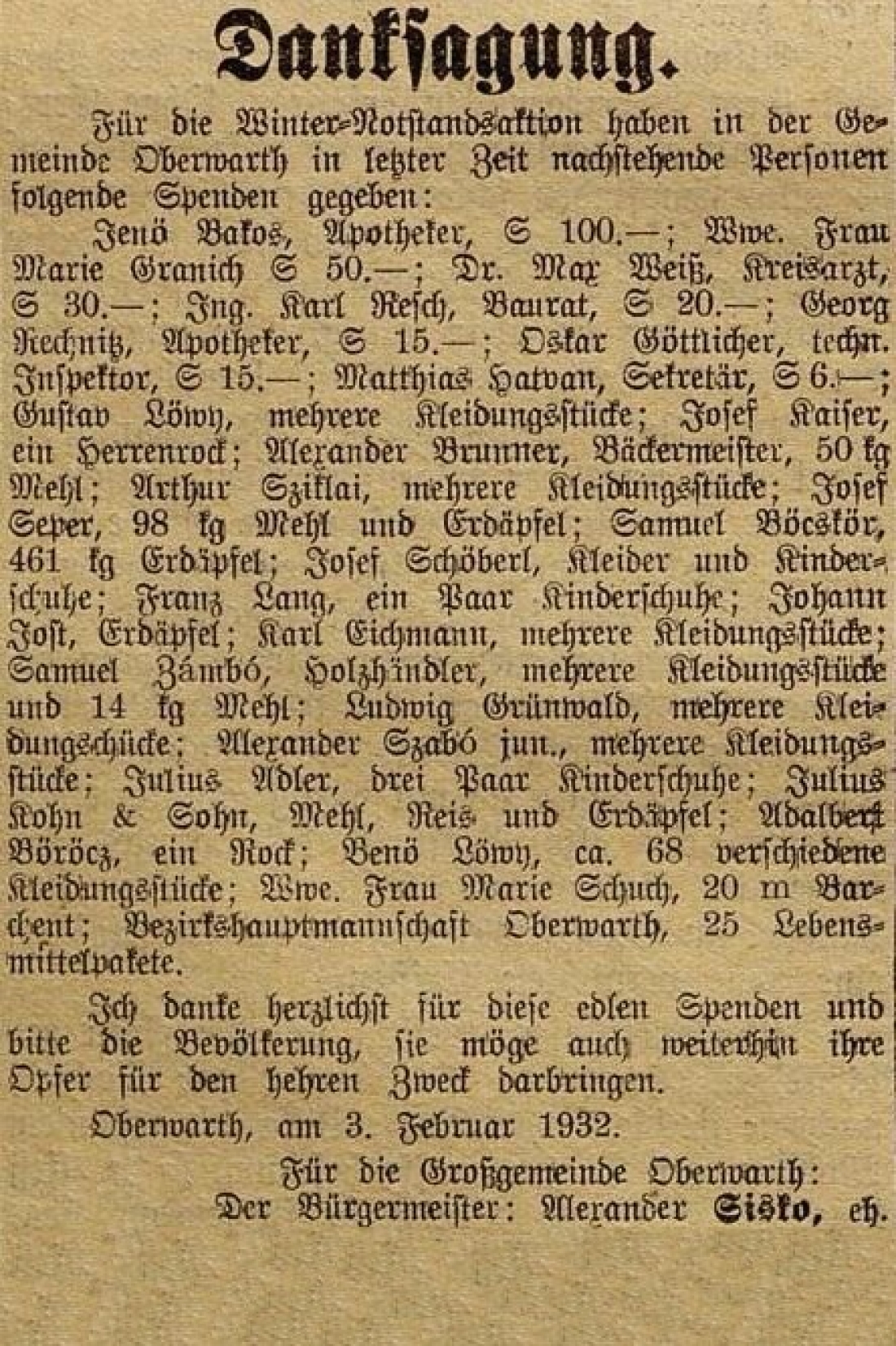 Oberwarther = Sonntagszeitung vom 7. Feber 1932: Danksagung für die Winter-Notstandsaktion durch Bgm. Sisko