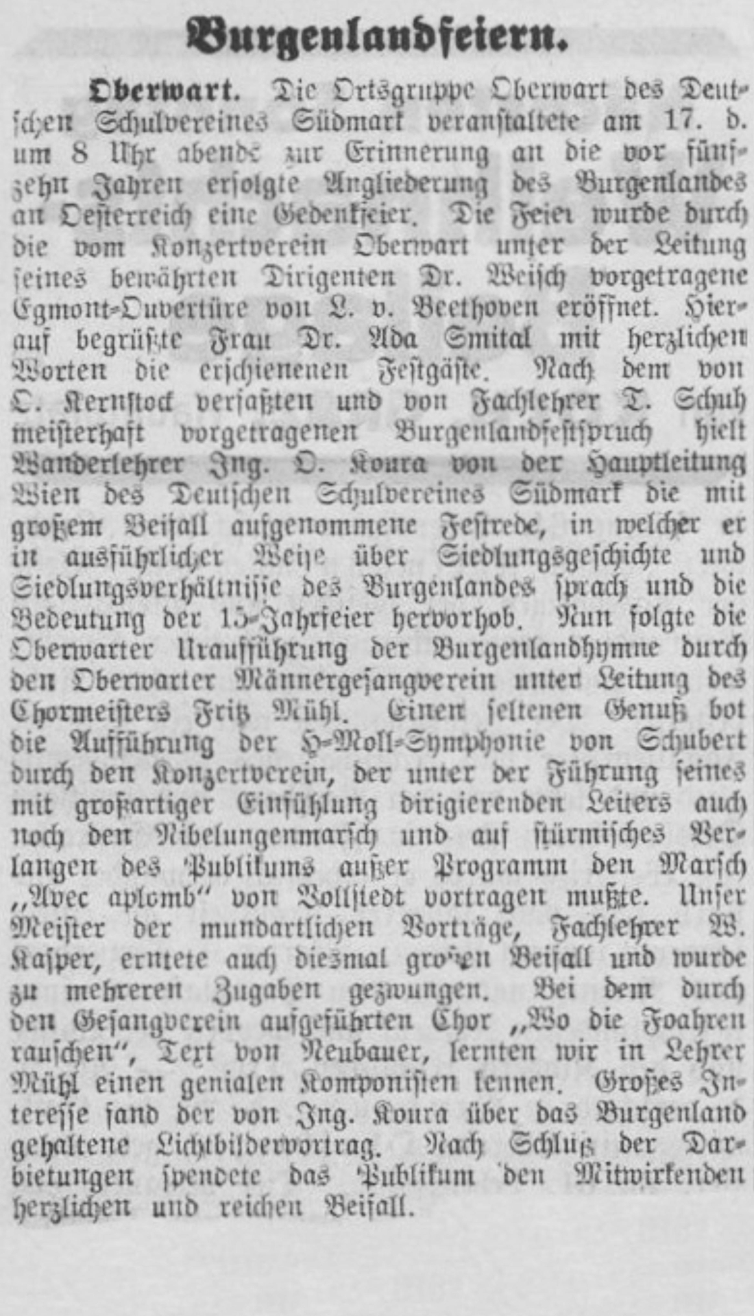 Bericht in der Oberwarther = Sonntagszeitung: Burgenlandfeier des Deutschen Schulvereins Südmark