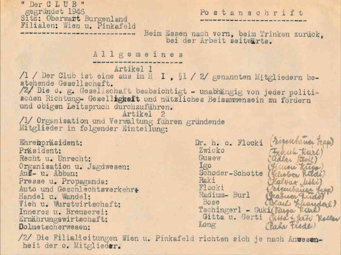Erste Seite der "strengen" Statuten anlässlich der Gründung des CDA - Club der Arbeitsscheuen