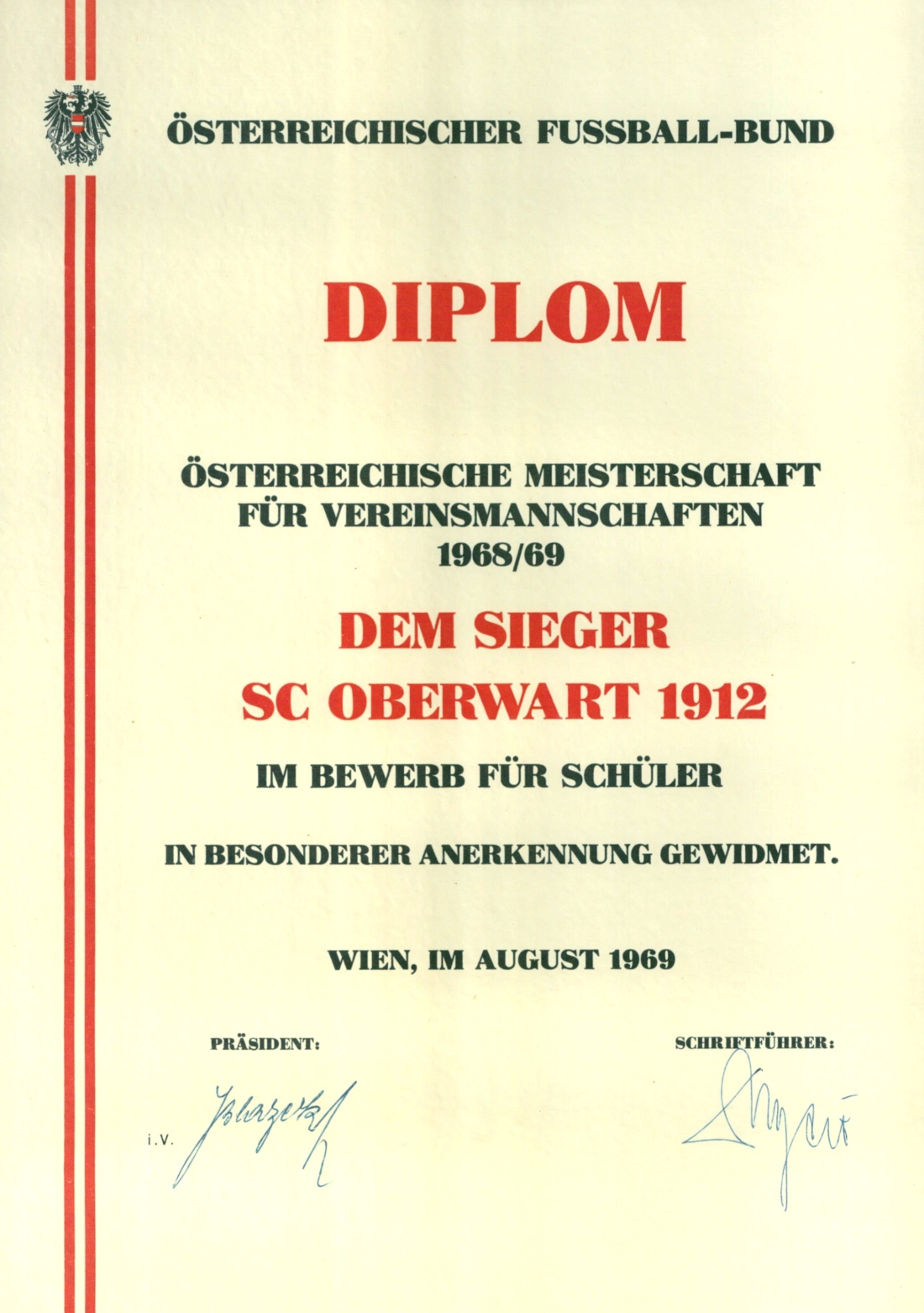 Fußball - SC Oberwart: Schülerstaatsmeister 1968/1969 - Urkunde bzw. Diplom