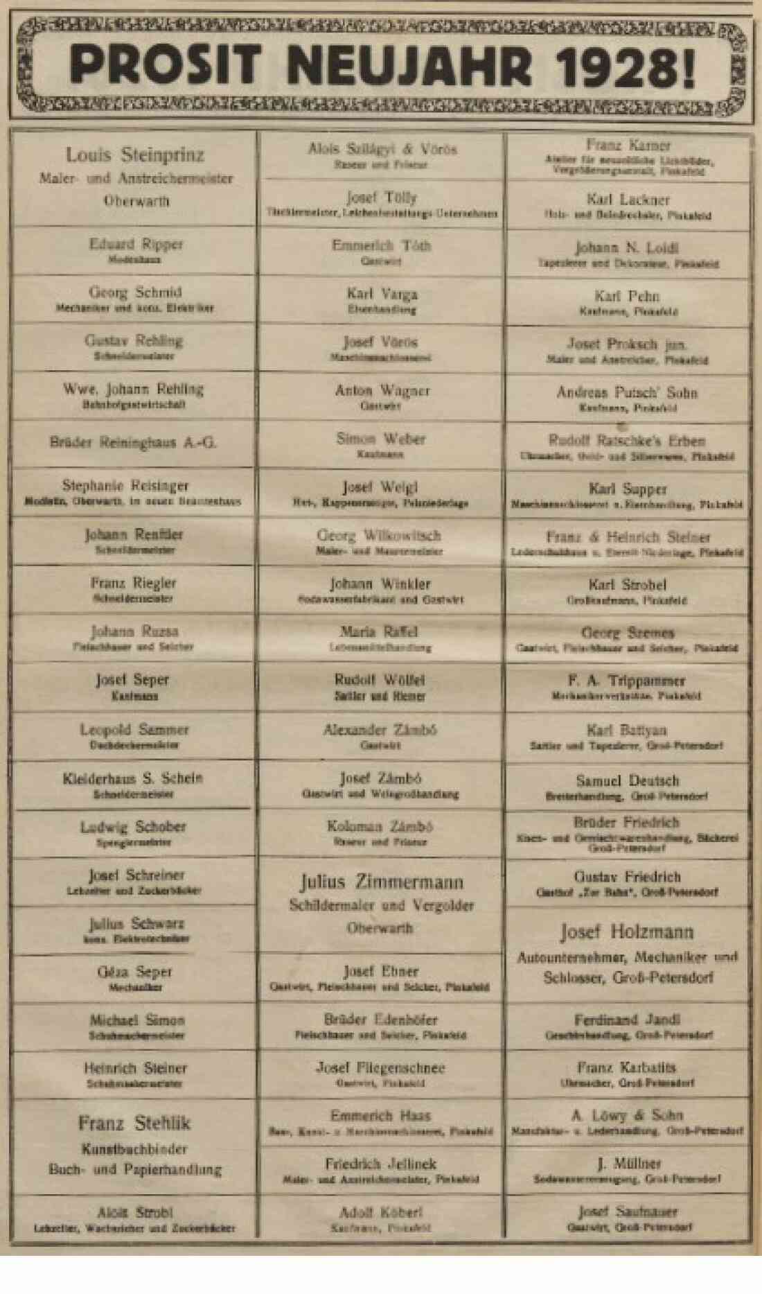Neujahrswünsche von Oberwarther Firmen in der Oberwarther Sonntags = Zeitung vom 1. Jänner 1928 - 2